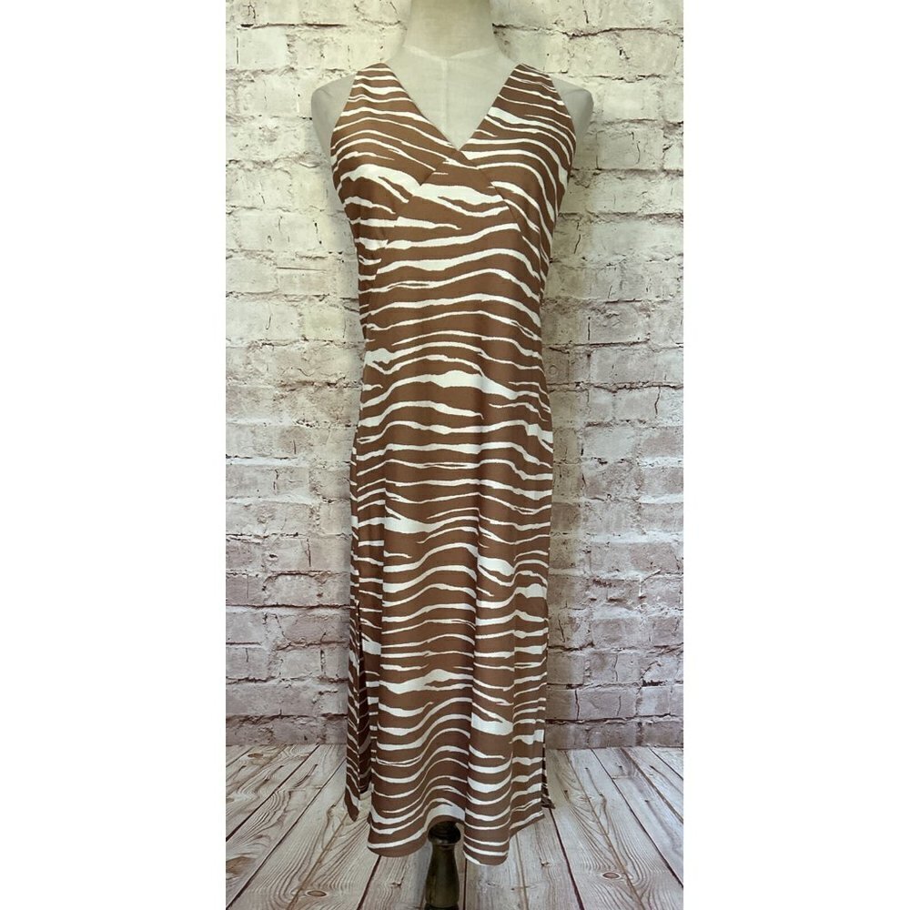 A New Day Womens XS Midi Slip Dress Zebra Print Sleeveless Brown Ivory Satin